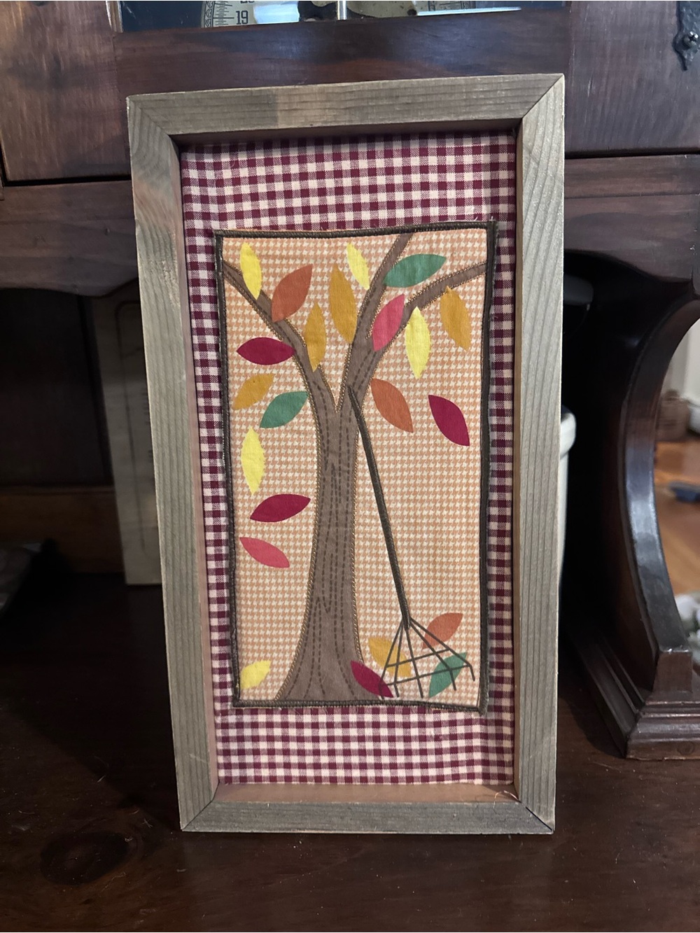 Framed Vintage Quilt Piece Autumn Tree - Multicolor
